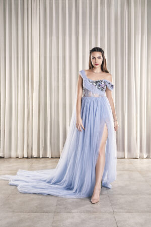 POWDER BLUE SIDE SLIT TAIL GOWN