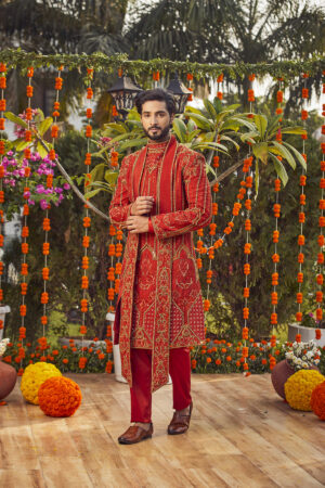 Rust Embroidered Sherwani