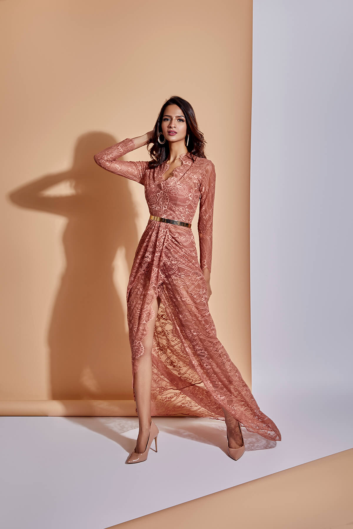 Coral Pink Side Slit Lace Dress