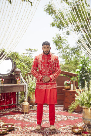 Bright Red Embroidered Sherwani