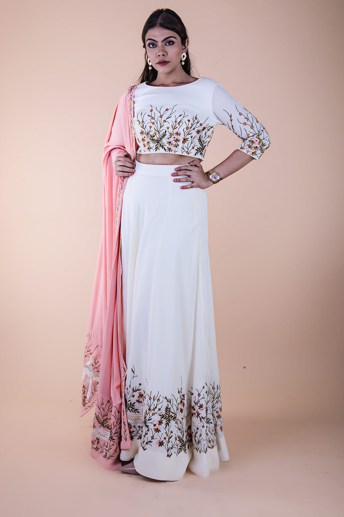 WHITE EMBROIDERED LEHENGA SET