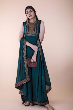 BOTTLE GREEN EMBROIDERED SHARARA SET
