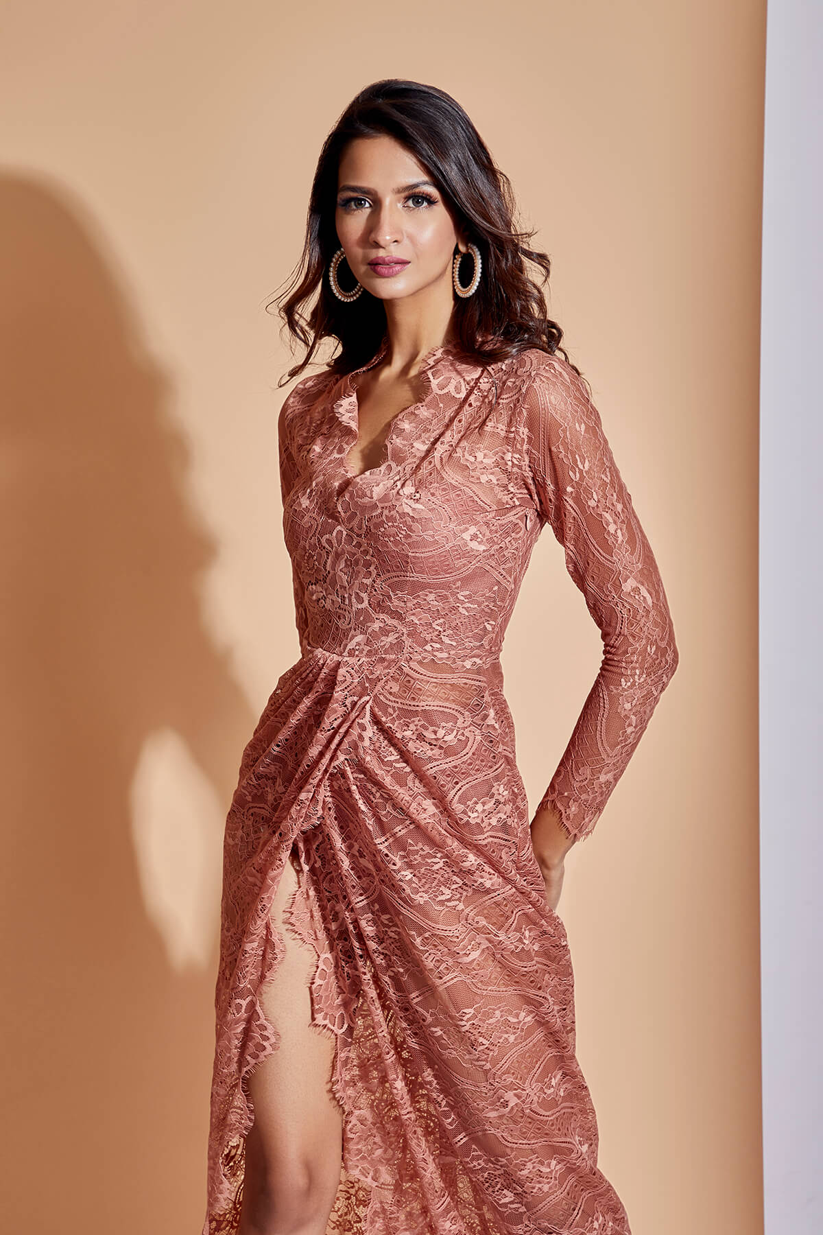 Coral Pink Side Slit Lace Dress - Image 8