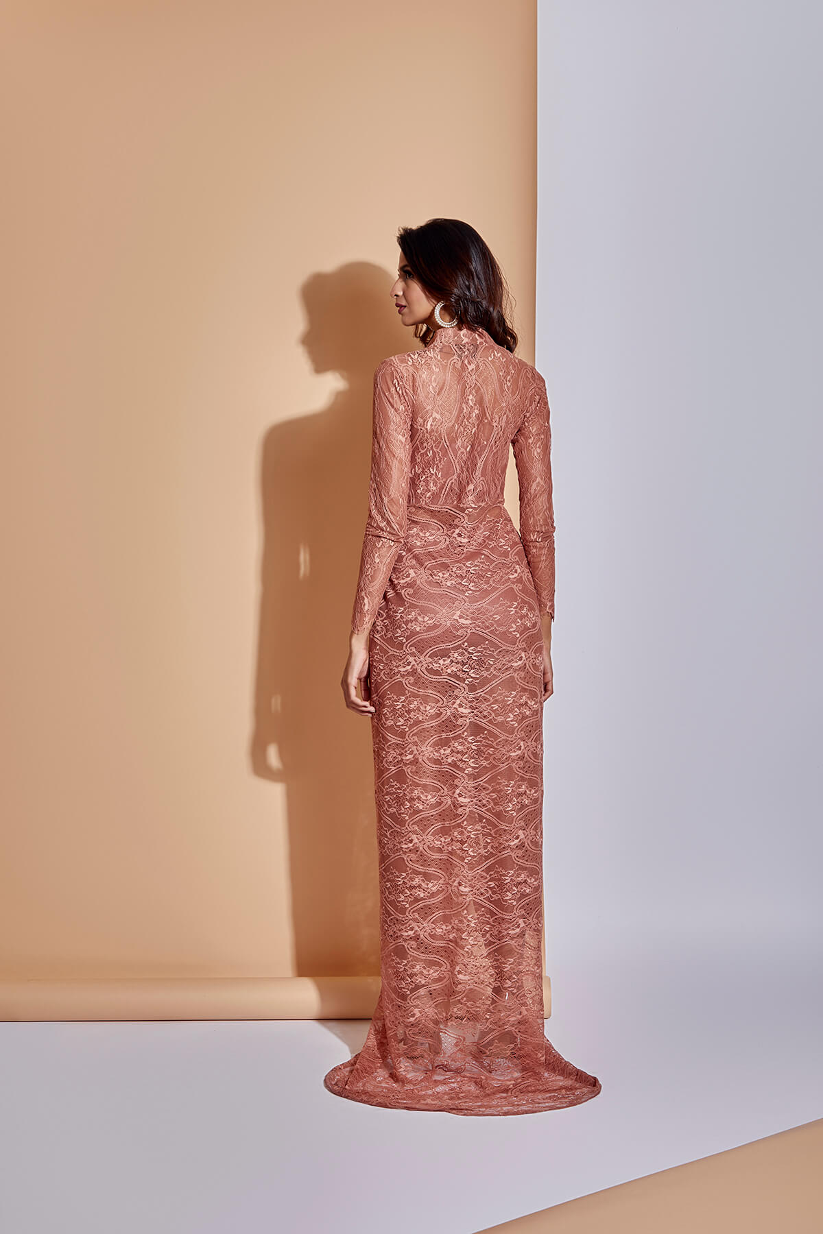 Coral Pink Side Slit Lace Dress - Image 9